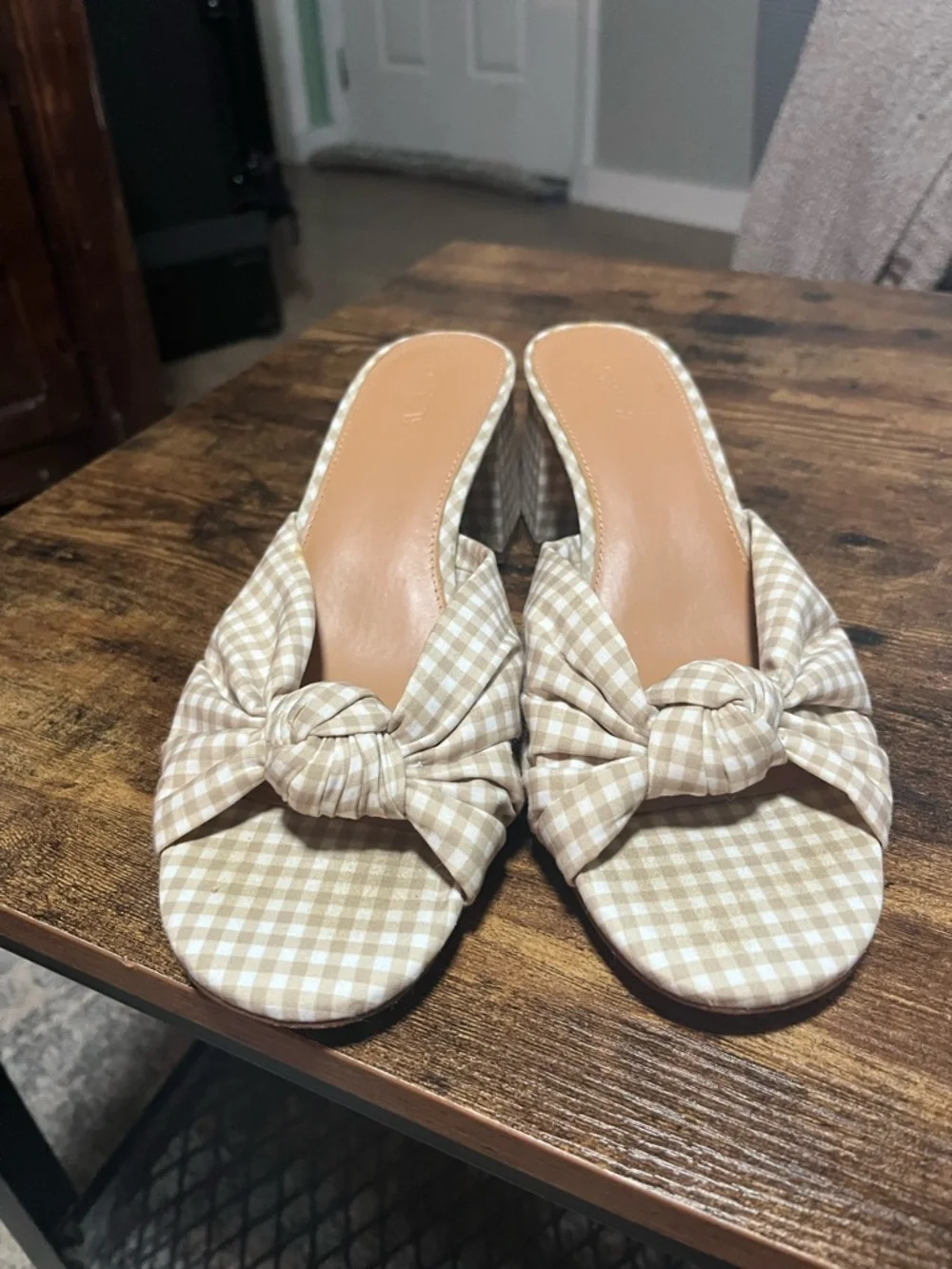 J.Crew Gingham Knot Slide Sandals Block Heel Tan & White Size 10